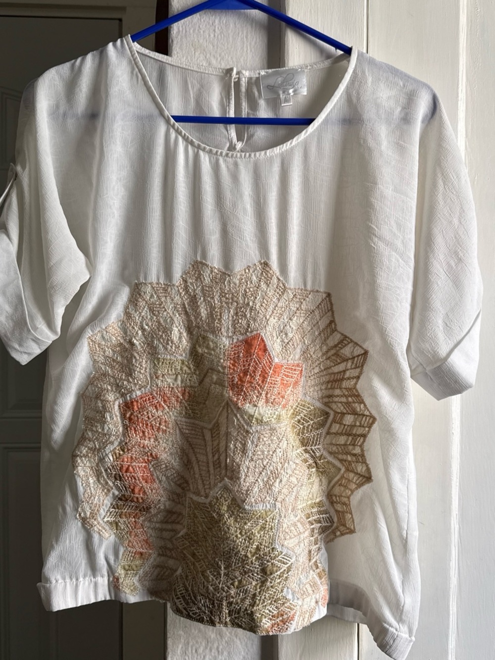 White Embroidered Short-Sleeve Blouse with Neutral Floral Medallion